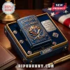 Knights of Columbus Zippo lighter set in blue velvet box with emblem, four pins, and American flag background.!