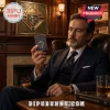 Man in suit holding a blue Knights of Columbus engraved metal lighter in a wood-paneled office setting.!