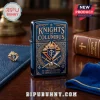 Knights of Columbus blue metal lighter with gold emblem, crossed swords, helmet, and engraved text on wooden desk.!