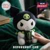 Kuromi Monster Energy soft plush doll featuring a black skull hat, white face, and green accents on a velvet surface.