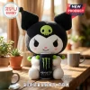 Kuromi Monster Energy soft plush doll featuring black ears, a lime green skull emblem, and holding a branded energy can.