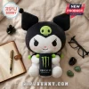Kuromi Monster Energy Soft Plush Doll with a green skull headpiece and matching energy drink can on a beige blanket.