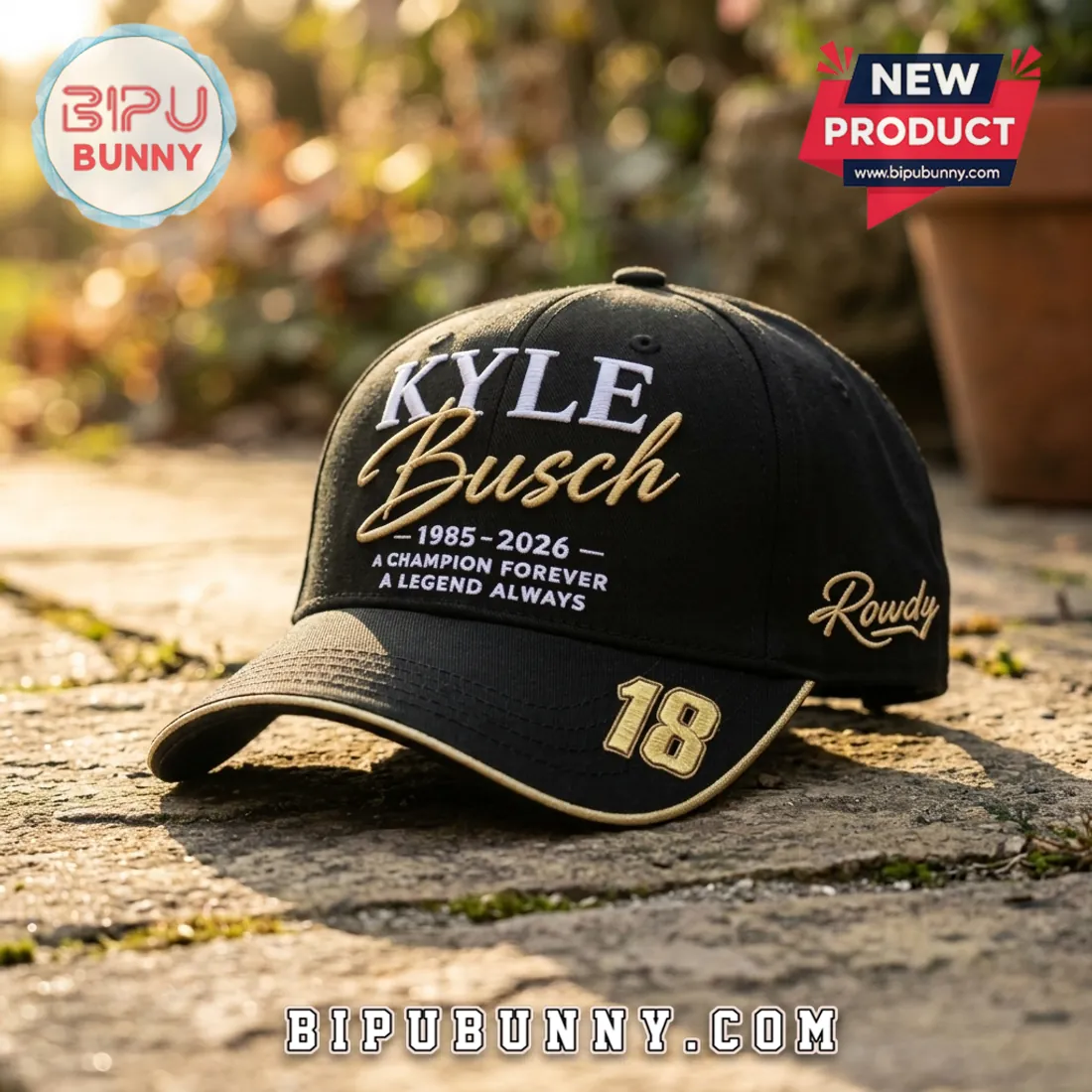 Kyle Busch 1985-2026 Rowdy 18 Embroidered Black Hat Kyle Busch 1985-2026 Rowdy 18 Embroidered Black Hat
