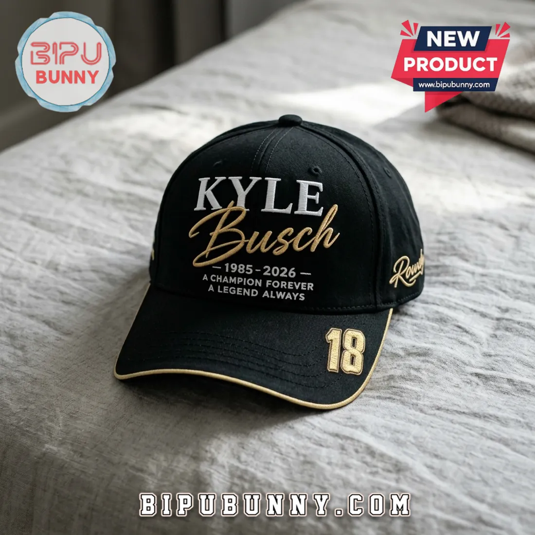 Kyle Busch 1985-2026 Rowdy 18 Embroidered Black Hat Kyle Busch 1985-2026 Rowdy 18 Embroidered Black Hat