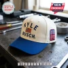Off-white and blue five-panel baseball cap with Kyle Busch text, US flag embroidery, and number 8 patch on side.!
