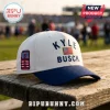 White Kyle Busch NASCAR baseball cap with blue brim, embroidered number 8, American flag patch, and dark blue lettering.!