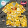 Kyle Busch yellow floral button-down shirt and matching shorts with number 18 racing car graphics and palm tree patterns.!