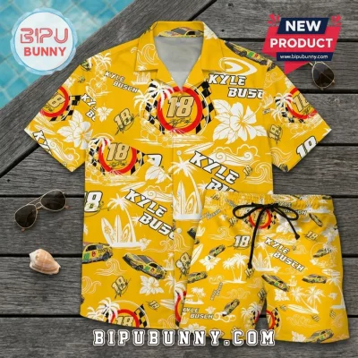 Kyle Busch Number 18 Yellow Hawaiian Shirt and Shorts Set