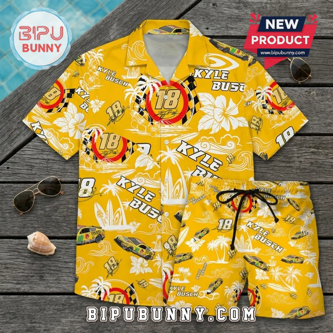 Kyle Busch Number 18 Yellow Hawaiian Shirt and Shorts Set Kyle Busch Number 18 Yellow Hawaiian Shirt and Shorts Set