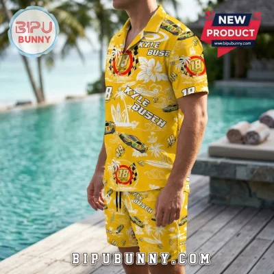 Kyle Busch Number 18 Yellow Hawaiian Shirt and Shorts Set