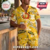 Man wearing yellow Kyle Busch NASCAR short sleeve button-down shirt and matching shorts with floral print.!