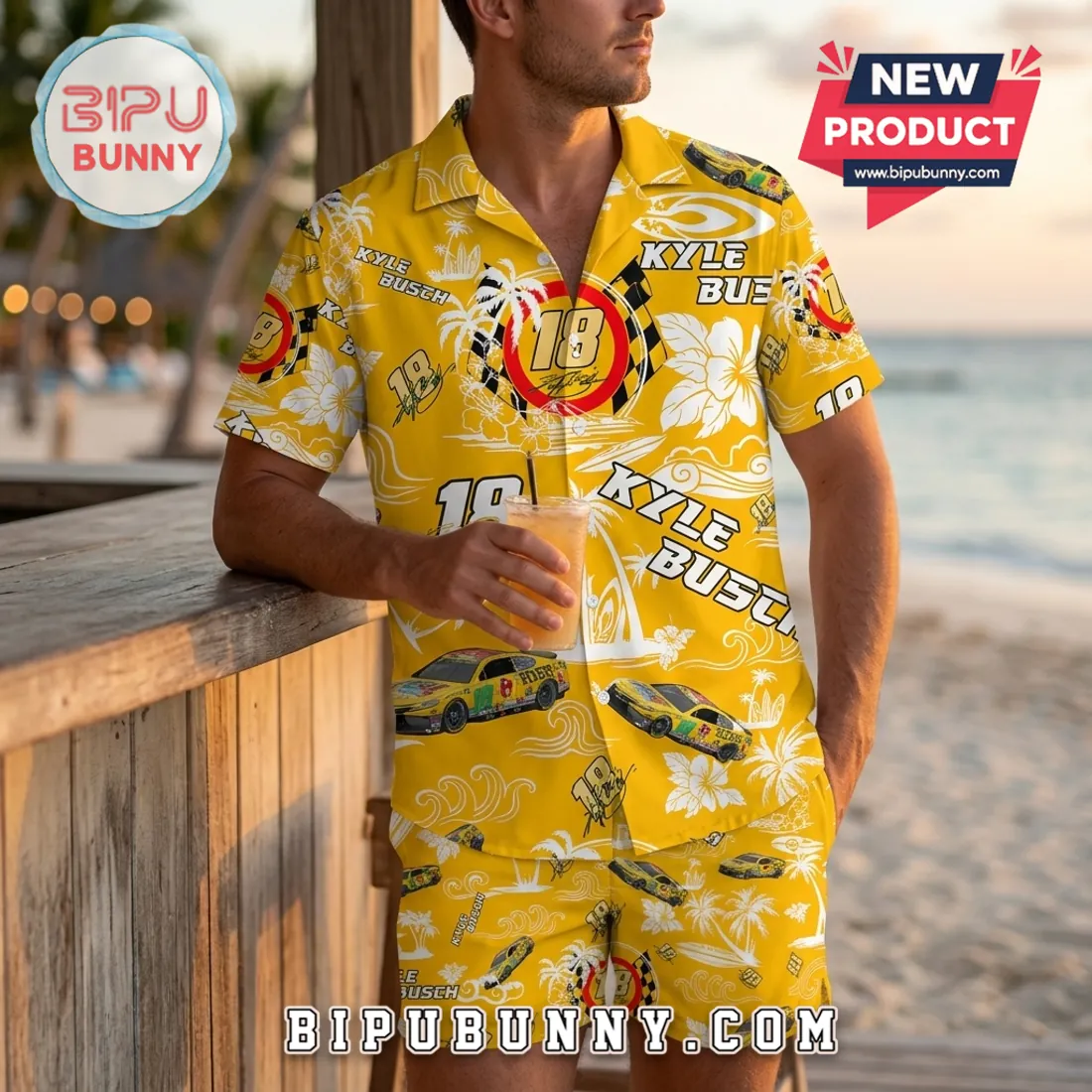 Kyle Busch Number 18 Yellow Hawaiian Shirt and Shorts Set Kyle Busch Number 18 Yellow Hawaiian Shirt and Shorts Set