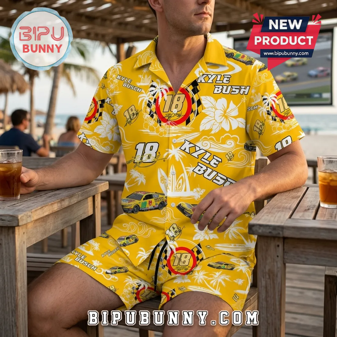 Kyle Busch Number 18 Yellow Hawaiian Shirt and Shorts Set Kyle Busch Number 18 Yellow Hawaiian Shirt and Shorts Set