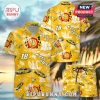 Kyle Busch NASCAR yellow Hawaiian shirt and shorts set with number 18 graphics, palm trees, and checkered flag patterns.!
