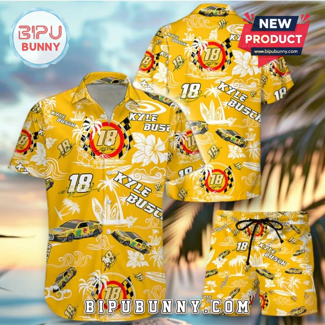 Kyle Busch Number 18 Yellow Hawaiian Shirt and Shorts Set Kyle Busch Number 18 Yellow Hawaiian Shirt and Shorts Set
