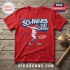 Red cotton crewneck t-shirt featuring graphic of a baseball player swinging a bat with The Schwarb Run Derby text print.!