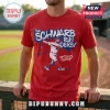 Red cotton crew neck t-shirt featuring a Kyle Schwarber baseball graphic, text reading The Schwarb Run Derby, and Philly's Champ.!