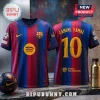 FC Barcelona soccer jersey featuring Lamine Yamal name and number 10, blue and red stripes, and Spotify logo on marble.!