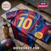 FC Barcelona soccer jersey with Lamine Yamal 10 name and number, gold metal water bottle, and matching striped soccer ball.!