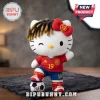 Hello Kitty plush wearing a red Spain soccer jersey with number 19, dreadlocks, and a red bow standing on a soccer ball.!