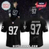 Black sports jersey featuring JUNGKOOK and number 97 in silver print on front and back with an embroidered NFL logo patch.!