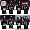 BTS member themed NFL style black sports jerseys with printed names V 95, Suga 93, Jimin 95, and RM 94 on white text.!