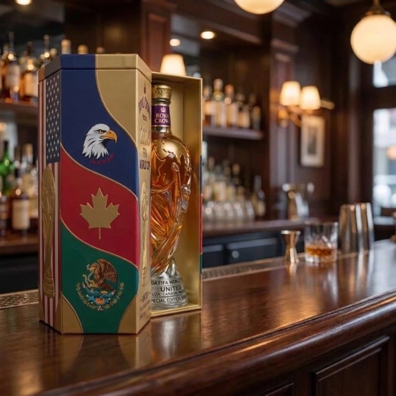 Side view of the limited edition soccer decanter set showing the colorful flag panels