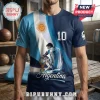 Argentina football t-shirt with Messi graphic, number 10, world cup trophy, blue and white colors, and sun emblem.!