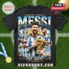 Lionel Messi Argentina The Goat Wash T-Shirt featuring multiple images of Messi, the world cup trophy, and blue accents.