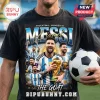 Lionel Messi Argentina The Goat Wash T-Shirt featuring vintage style prints of the footballer holding the World Cup trophy.
