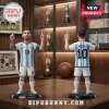 Lionel Messi plastic collectible figures in Argentina home kits with number 10, standing on black circular display bases.!