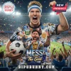 Lionel Messi Argentina World Cup 2026 Champion Shirt featuring blue and white collage graphics with golden trophy art.
