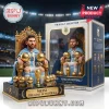 Lionel Messi Argentina World Cup King sculpted vinyl figure sits on a gold throne surrounded by miniature golden trophies.