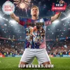 Lionel Messi Career Tribute Multi-Color T-Shirt featuring a collage of Messi's achievements over a stadium background.