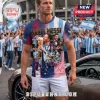 Lionel Messi Career Tribute Multi-Color T-Shirt featuring a collage of Messi's achievements against a soccer stadium backdrop.