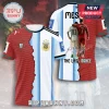 Split design soccer jersey featuring Portugal and Argentina team colors, Messi and Ronaldo graphics, and The Last Dance text.!