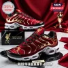 Liverpool F.C. themed sneakers in red and gold with black accents and white soles, featuring club logos and Champions text.!