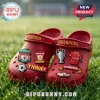 Red Liverpool FC themed slip-on clogs with club crest, YNWA text, soccer ball, trophy, jersey, and scarf Jibbitz charms.!