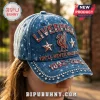 Acid wash blue denim baseball cap featuring red crystal Liverpool logo, Liver bird, two stars, and the text 1892-2024.!
