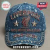 Blue acid-wash denim baseball cap featuring Liverpool FC emblem and text in red and white rhinestones on a grey background.!