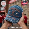 Blue denim baseball cap with Liverpool FC logo, rhinestones, and text reading You'll Never Walk Alone 1892-2026.!
