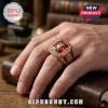 Liverpool FC championship style ring with red gemstone, YNWA inscription, and gold detailing on a hand.!