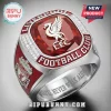 Liverpool FC championship-style ring with red crystal, silver metal finish, and You Will Never Walk Alone text engraving.!