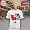 White crewneck t-shirt featuring Vote Trout text, a fish graphic, and the Los Angeles Angels baseball team logo.!