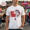 White crewneck t-shirt featuring Vote Trout text, an American flag trout graphic, and a red Los Angeles Angels A logo.!