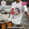 White crewneck t-shirt featuring Vote Trout text, a leaping trout in a patriotic hat, red stars, and an Angels logo.!