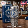 Los Angeles Dodgers engraved silver Yeti tumbler with blue jewels, baseball motifs, and team logo, sitting in a gift box.!