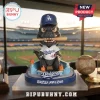 Los Angeles Dodgers Godzilla Minus Zero Sculpted Figurine wearing a Dodgers jersey and cap, holding a wooden baseball bat.