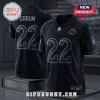 Los Angeles Rams Blake Corum Midnight Mode jersey in black with blue trim, featuring number 22 and Salute to Service patch.