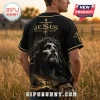 LSU Tigers Jesus Saved My Life baseball jersey with gold graphic of Jesus wearing a crown of thorns on a black background.